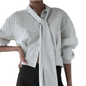 Women’s Zara Light Grey Tie-Neck Button-Up Blouse SZ M